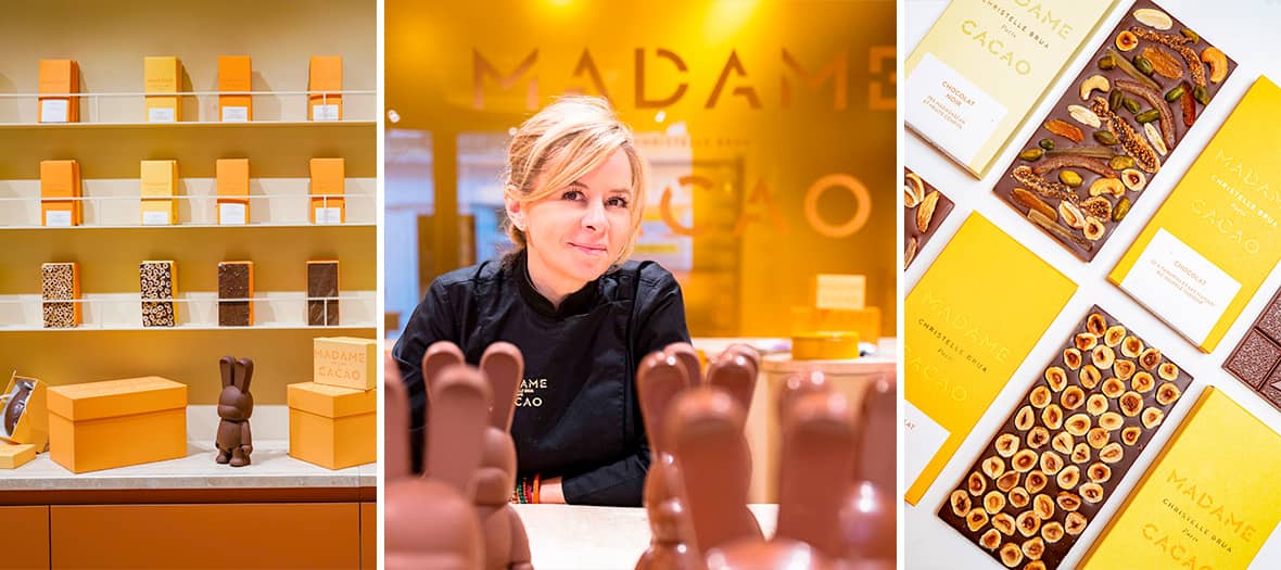 Madame Cacao dans sa boutique parisienne, chocolats fantaisie et créations artisanales