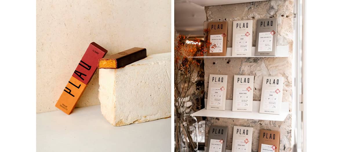 Tablettes de chocolat Bean-to-Bar de Plaq à Paris dans un décor brut et épuré