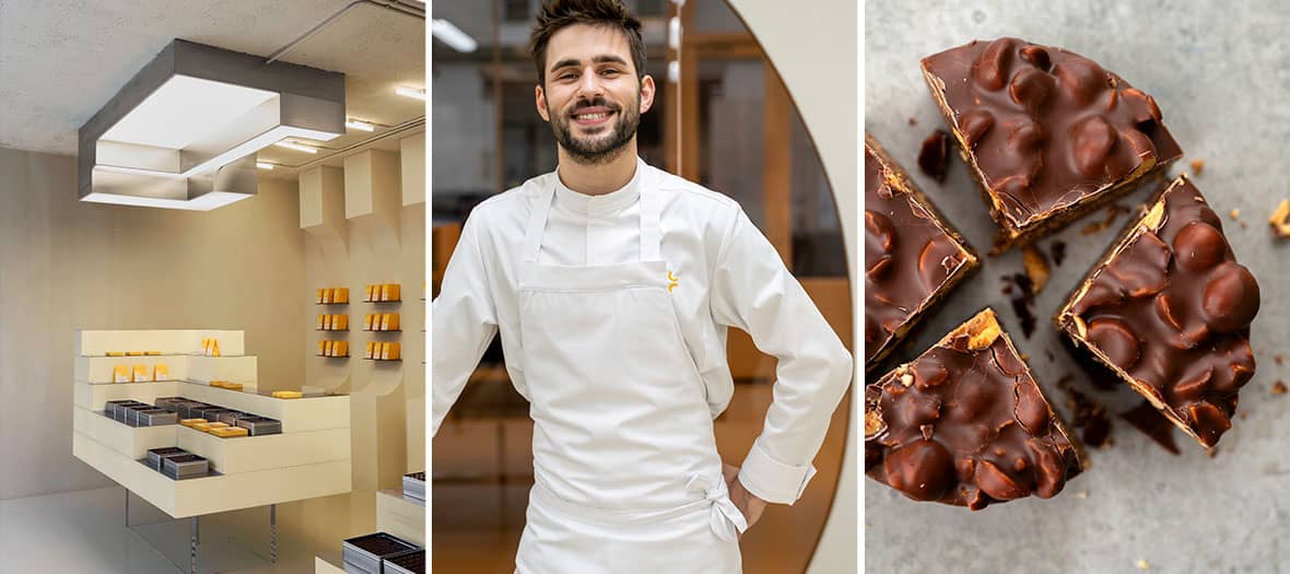 William Artigue, jeune chocolatier à Paris, devant ses créations de chocolats pralinés
