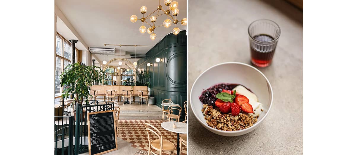 Intérieur chaleureux du coffee shop Dancing Goat à Paris avec latte art et ambiance conviviale pour brunch et café artisanal.