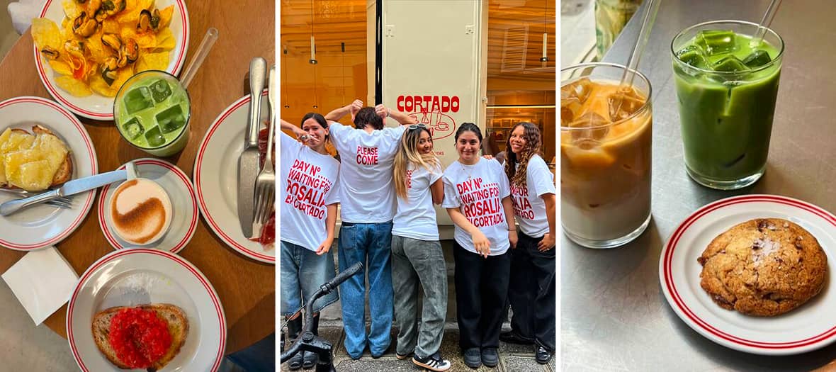 Cortado Coffee Shop à Paris, barista et équipe jeune servant lattes, matcha et cookies dans un cadre urbain décontracté.