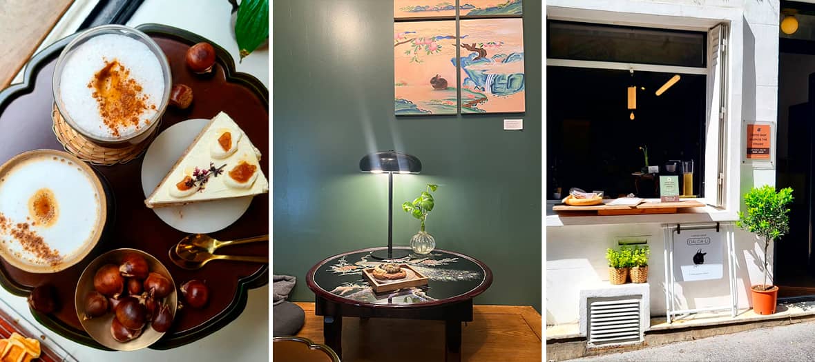 Café Dalda à Paris, salon de thé d’inspiration coréenne avec gâteaux raffinés et boissons latte à la châtaigne.