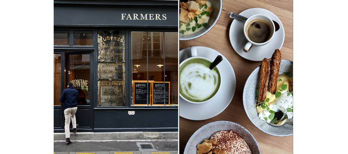 Coffee shop Farmers à Paris, façade élégante et brunch gourmand avec cappuccino, plats faits maison et pâtisseries artisanales.