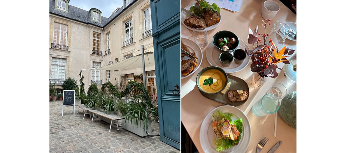 Terrasse paisible du café de l’Institut Suédois à Paris avec plats scandinaves et ambiance culturelle dans le Marais.