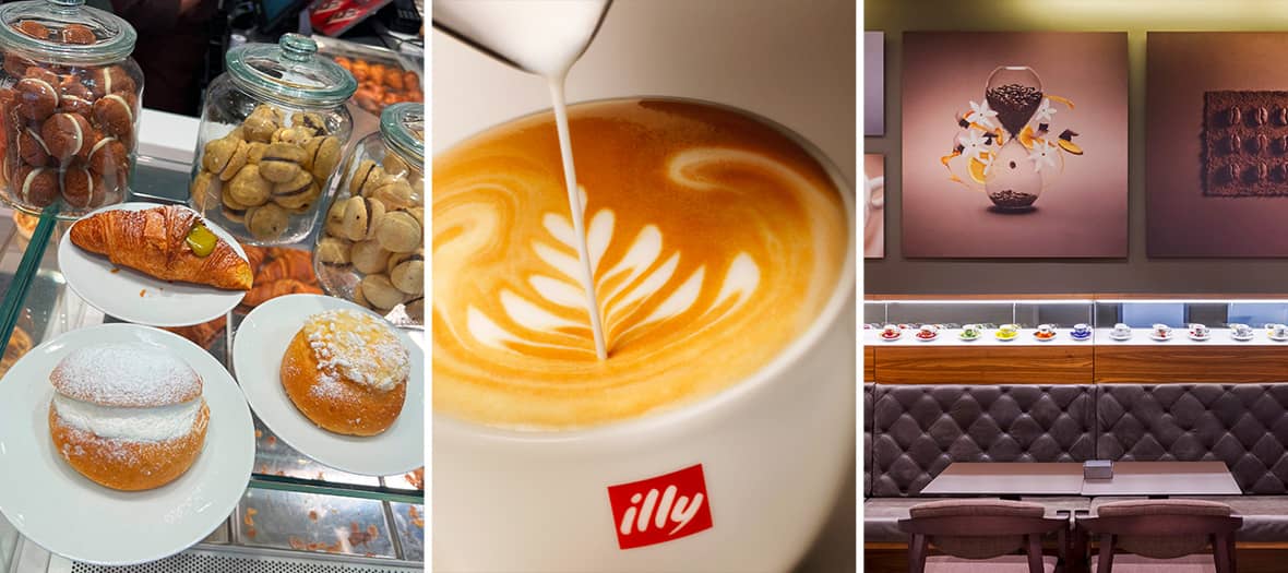 Cappuccino Illy à la mousse parfaite dans un décor moderne et raffiné du coffee shop Illy à Paris.