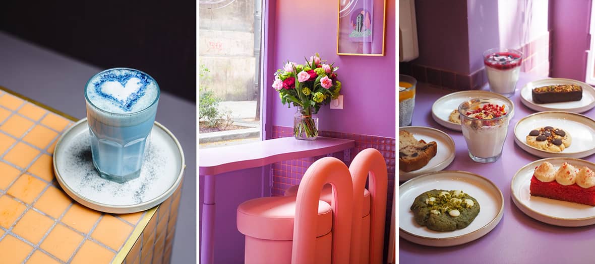 Intérieur coloré et latte bleu du coffee shop Jòvia à Paris, lieu tendance pour pâtisseries créatives et boissons originales.
