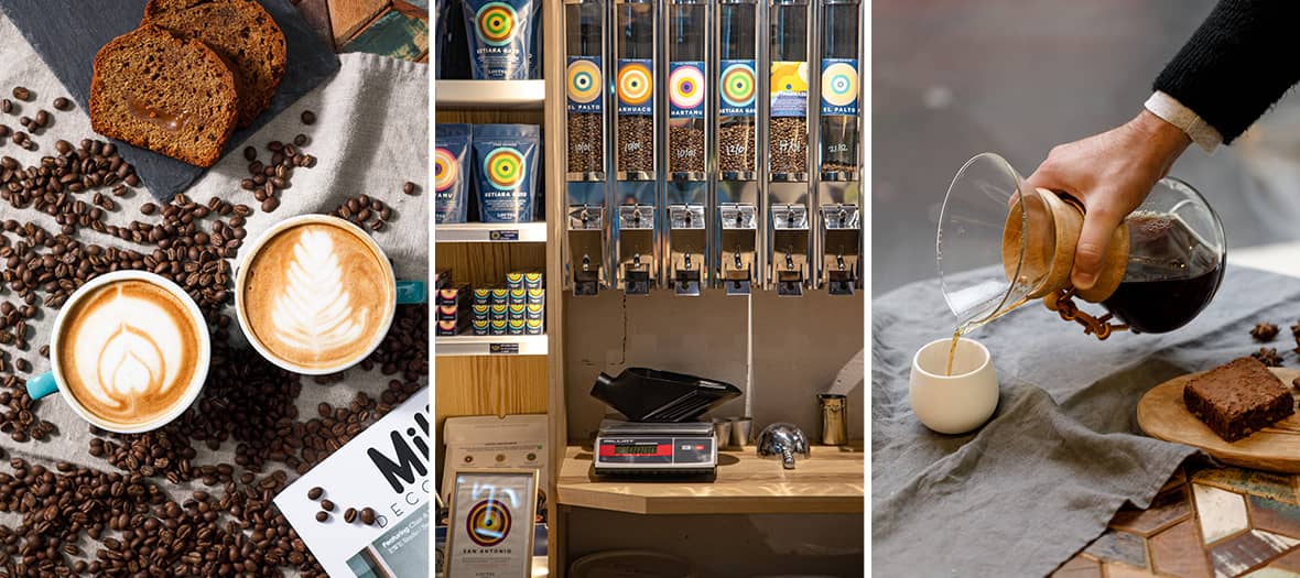 Torréfacteur Loutsa à Paris avec grains de café, cappuccinos et bar à café artisanal pour amateurs de café de spécialité.