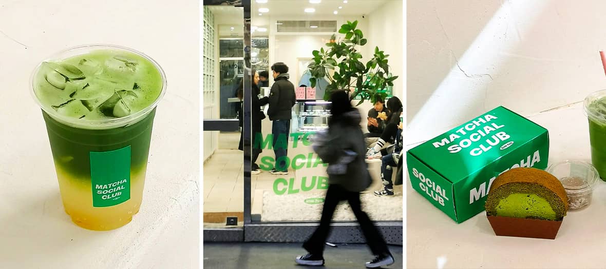 Le Matcha Social Club à Paris, salon de thé moderne dédié aux boissons glacées et gâteaux au matcha.