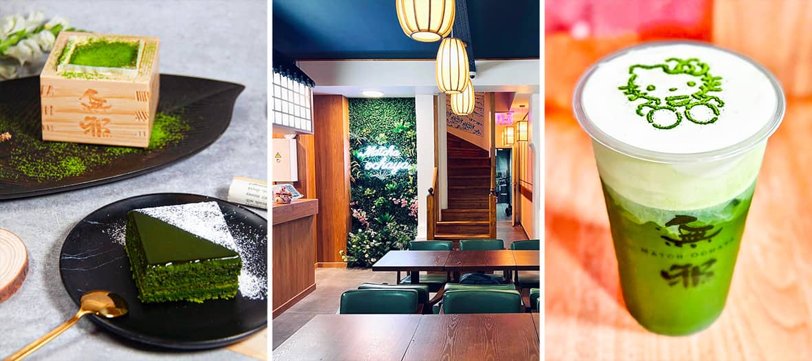 Pâtisserie et boissons au matcha chez Ochaya Paris, spécialiste du thé vert japonais et des douceurs gourmandes.