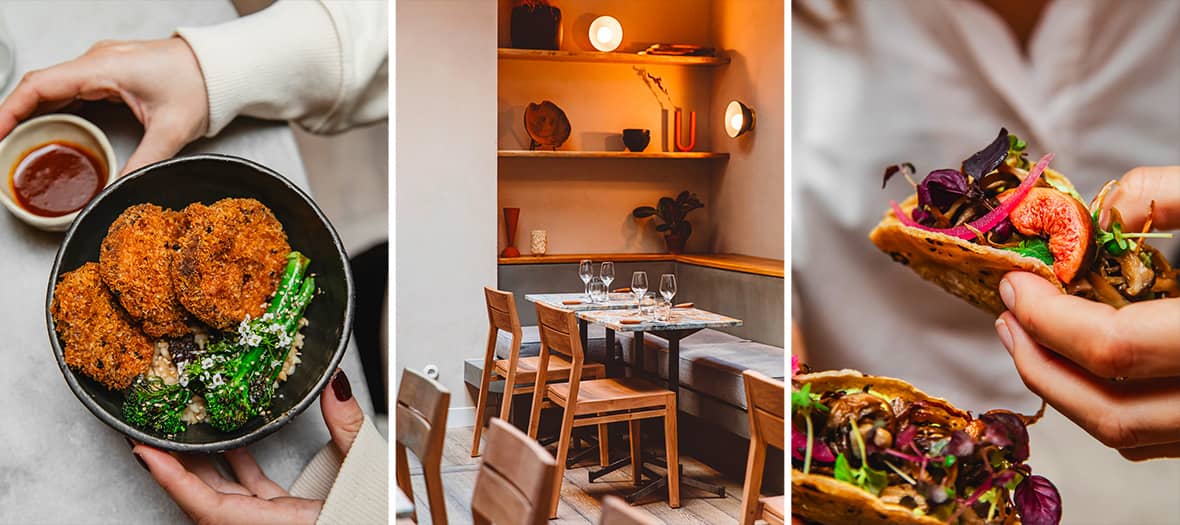 Assiette végétarienne et tacos gourmets chez Mesa au Hoy, restaurant végétal à la déco minimaliste et chaleureuse à Paris.