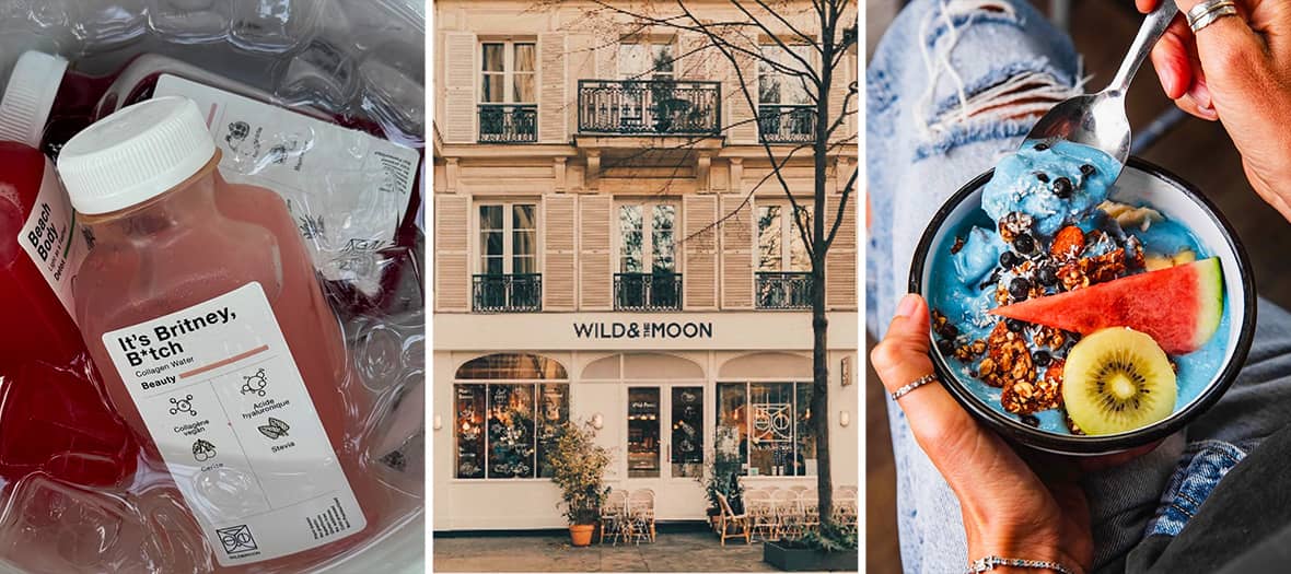 Jus détox, smoothie bowl bleu et façade nature chez Wild & The Moon, temple vegan du Marais à Paris.
