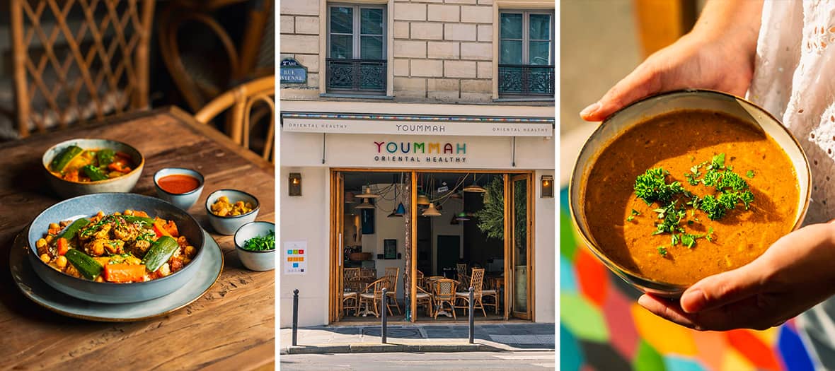 Cuisine orientale healthy avec couscous végétarien, soupe épicée et devanture du restaurant Yoummah à Paris.