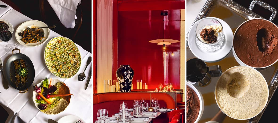 Table végétarienne raffinée avec plats créatifs, salle design rouge élégante et sélection de desserts maison au Daimant Saint-Honoré.