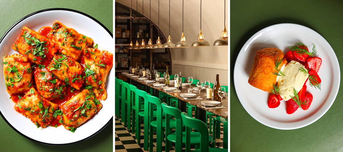 Raviolis maison à la tomate, salle de restaurant à l’esthétique contemporaine et dessert gourmand aux fraises chez Fellows Paris.