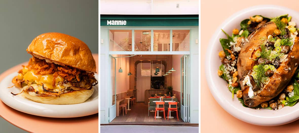 Burger végétarien fondant, décor pastel chic et patate douce rôtie au restaurant Mannie, une adresse veggie tendance à Paris.