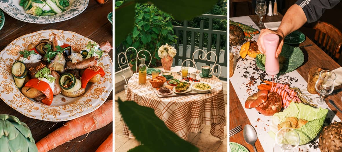 Restaurant Ora Farmhouse à Paris avec grande table de légumes rôtis, ambiance champêtre et terrasse conviviale.