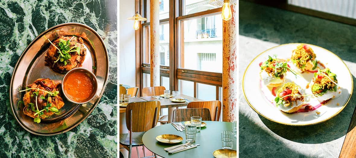Plats indiens traditionnels et salle moderne du restaurant Delhi Bazaar à Paris.