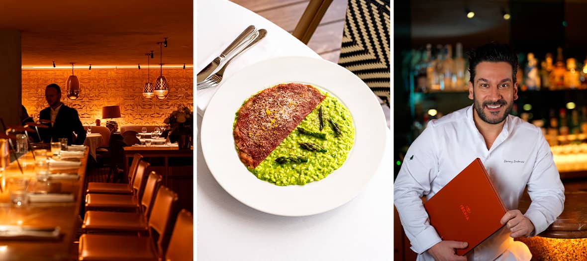 Intérieur chaleureux du restaurant Ischia à Paris avec le chef Denny Imbroisi et son risotto créatif.