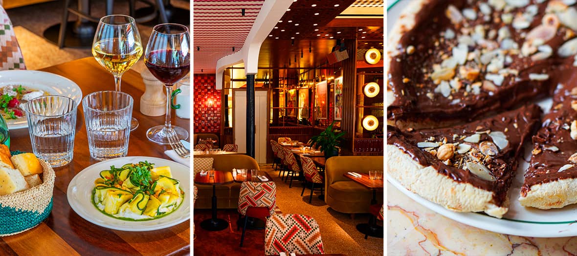 Ambiance colorée et assiette de raviolis au restaurant Miglia à Paris, cuisine italienne moderne.