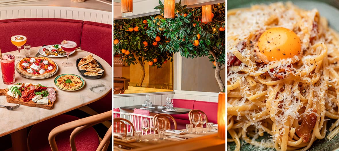 Table colorée garnie de plats italiens variés chez Pomelo à Paris, ambiance ensoleillée et décontractée.