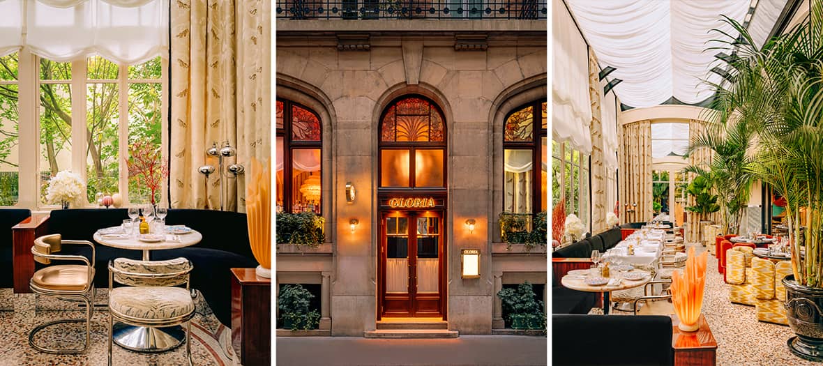 Intérieur élégant du restaurant Gloria à Paris, avec décoration raffinée, grandes baies vitrées et ambiance chaleureuse.