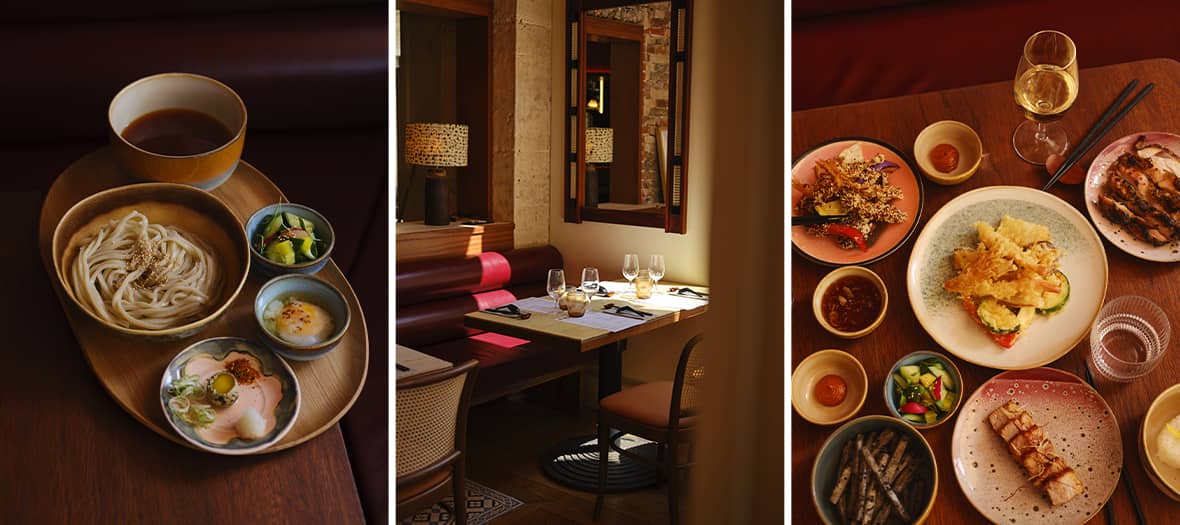 Salle élégante et plats japonais traditionnels au restaurant Kimono à Paris.