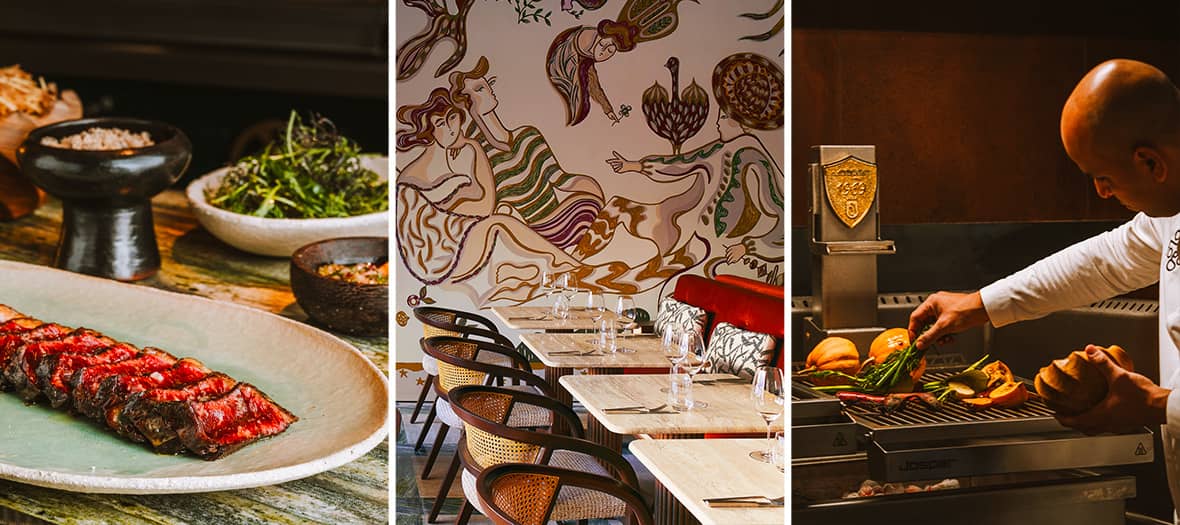Sélection de plats du restaurant Fogo à Paris : grillades, légumes braisés et spécialités brésiliennes du chef étoilé Raphaël Rego.
