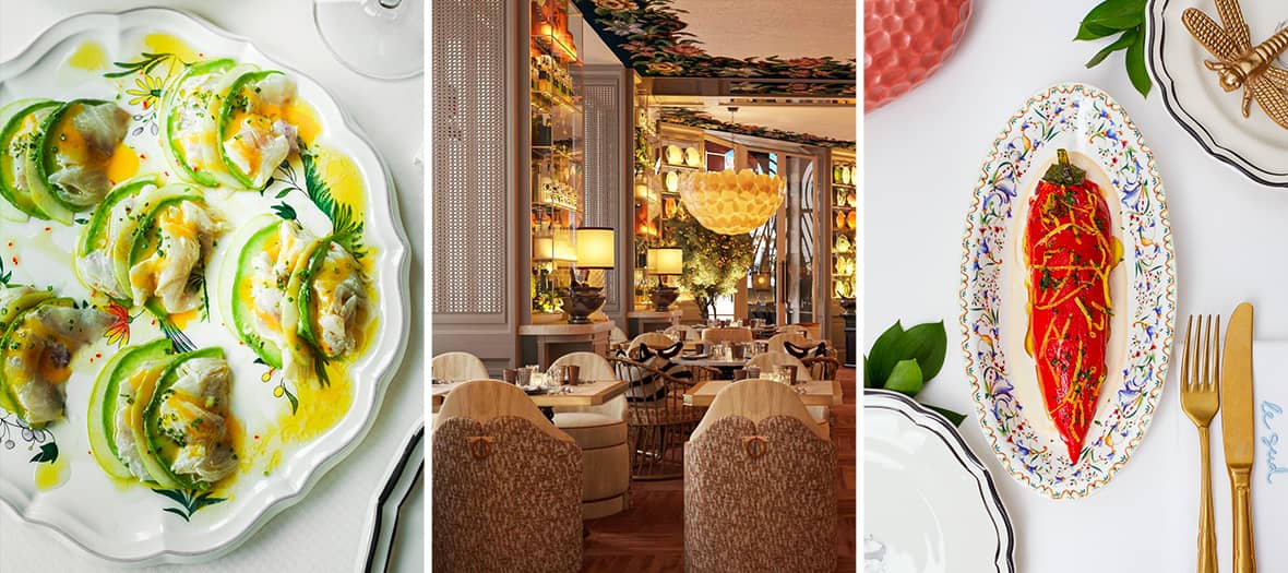 Assiette raffinée de ravioles d’avocat au crabe, salle de restaurant élégante et poivron farci signature chez Suelo Paris