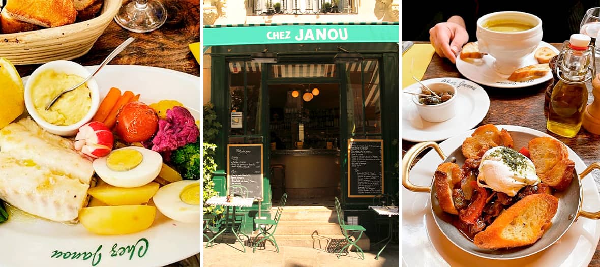 Plats traditionnels provençaux et façade du restaurant Chez Janou à Paris, ambiance du Sud en plein Marais.