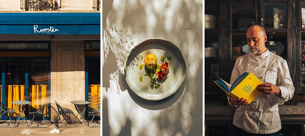  Le chef de Rooster Paris lisant un livre de cuisine, devant un plat aux accents provençaux.