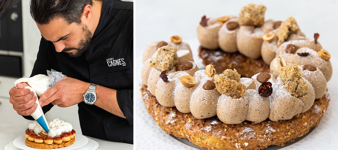 Cours de pâtisserie haut de gamme à Paris avec le chef Jeffrey Cagnes réalisant une tarte Saint-Honoré.