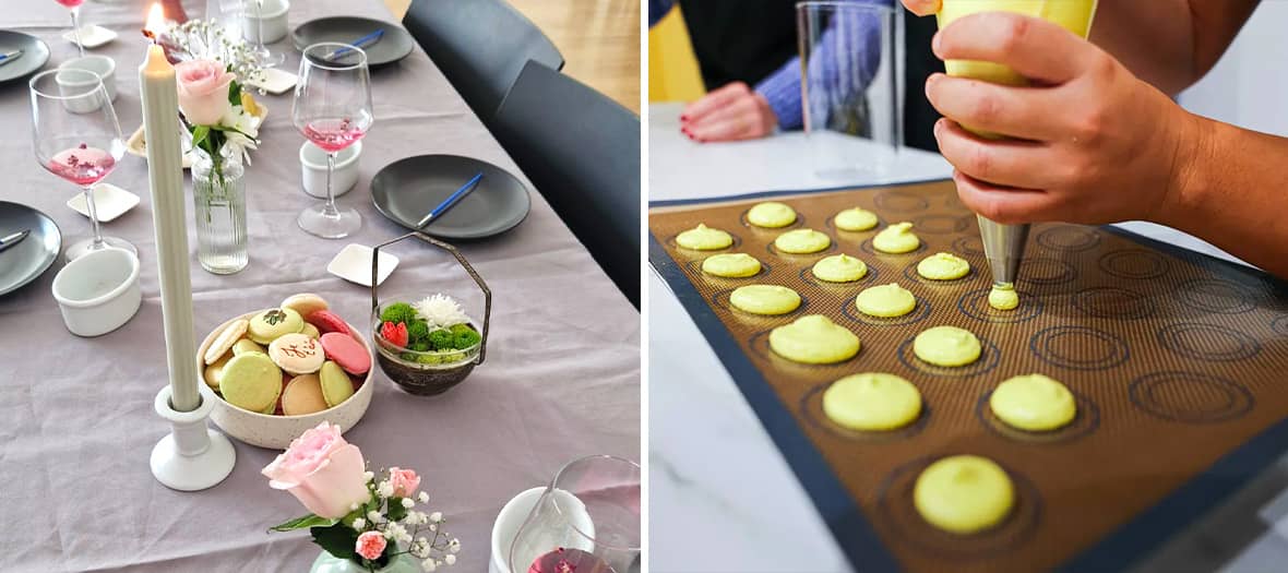 Atelier de pâtisserie chez M Cook Studio à Paris : table dressée avec macarons colorés et séance de dressage de coques de macarons à la poche à douille
