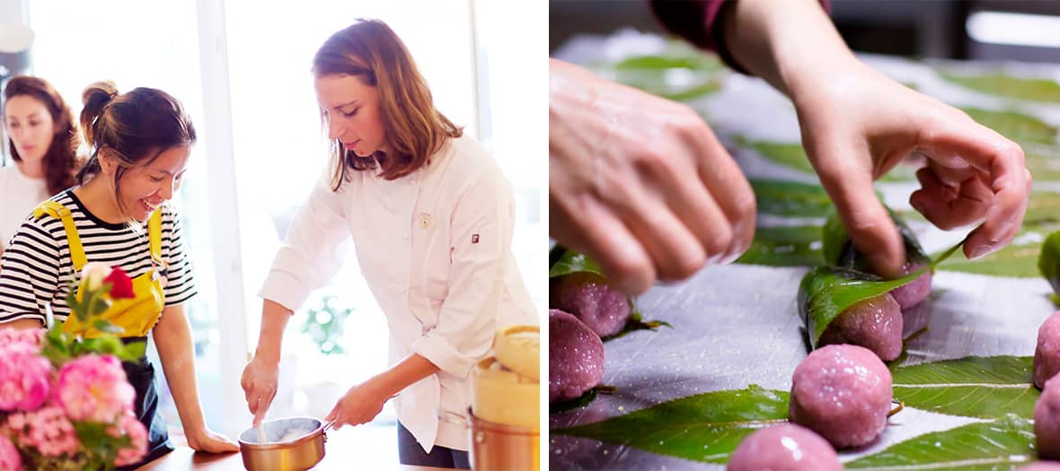 Atelier de wagashi japonais à Paris chez Tomo, avec façonnage traditionnel de pâtisseries aux haricots rouges.