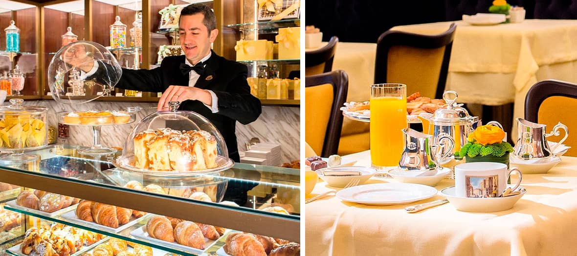 Salon de thé Cova à Paris, mettant en valeur ses pâtisseries artisanales italiennes, viennoiseries, jus frais et service raffiné.