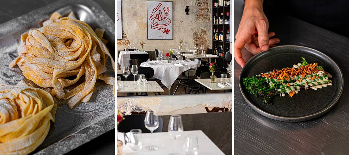 Restaurant italien Vinello à Paris, spécialisé dans les pâtes fraîches et les plats traditionnels dans une ambiance rustique et chaleureuse.