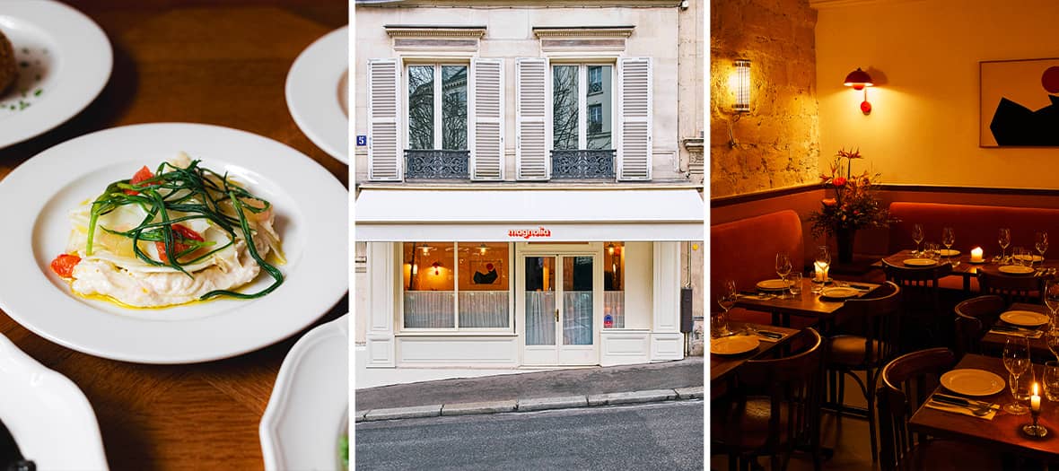 Intérieur cosy et ambiance feutrée du restaurant Magnolia à Paris, un spot parfait pour un dîner entre amis ou en couple.