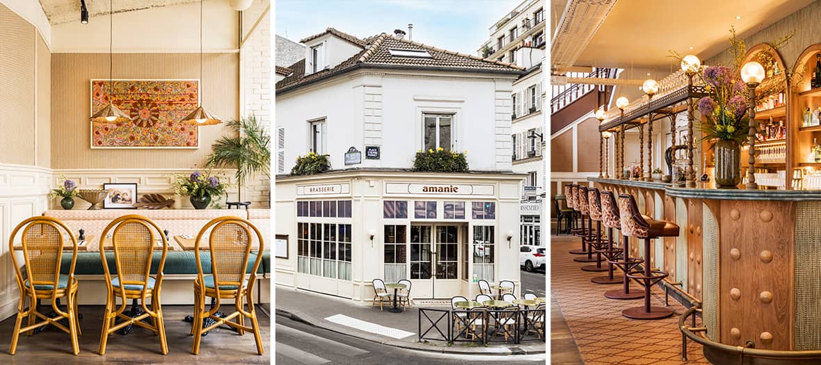Décoration intérieure du restaurant Amanie à Paris avec mobilier en rotin, ambiance chaleureuse et bar en bois sculpté