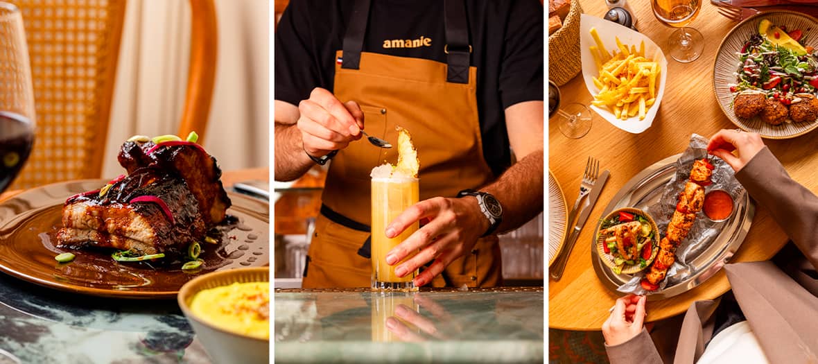 Plats signature du restaurant Amanie à Paris : ribs caramélisés, cocktail exotique, brochette grillée et falafels
