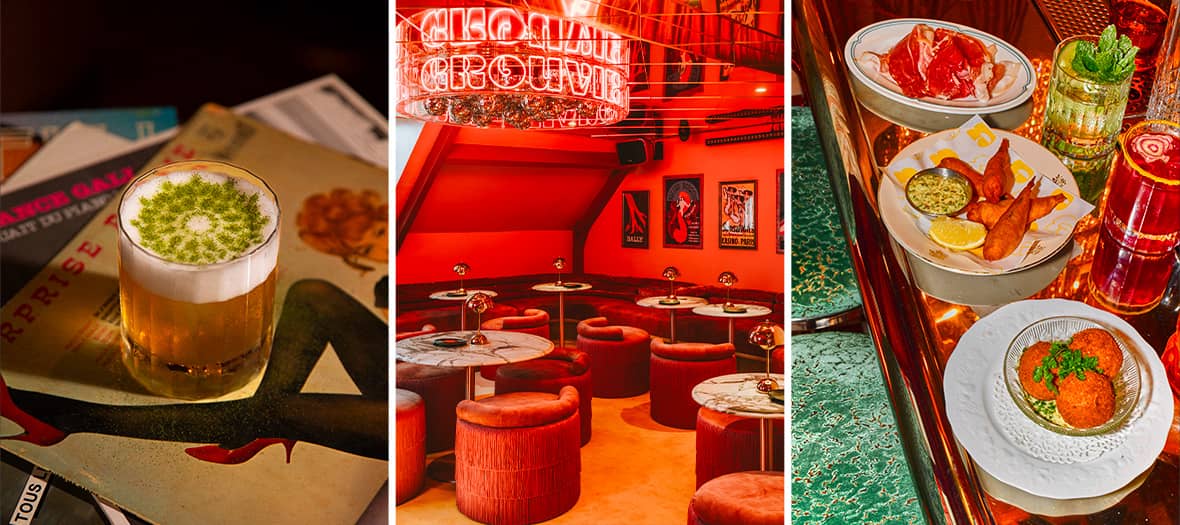 Grouvie Paris, cabaret moderne et bar festif à la déco rétro rouge et or, idéal pour une soirée glamour.