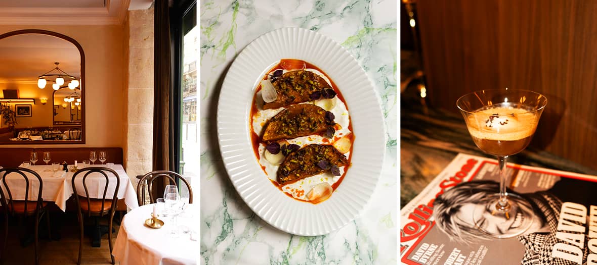 Assiette de tacos &eacute;pic&eacute;s servis au restaurant Billie &agrave; Paris, dressage color&eacute; sur marbre au restaurant Billie &agrave; Paris. 