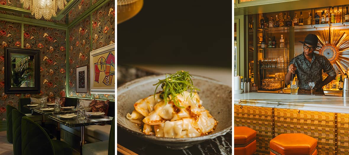 Intérieur du restaurant Vesper à Paris avec décoration élégante, assiette de dumplings asiatiques et barman en train de préparer un cocktail.
