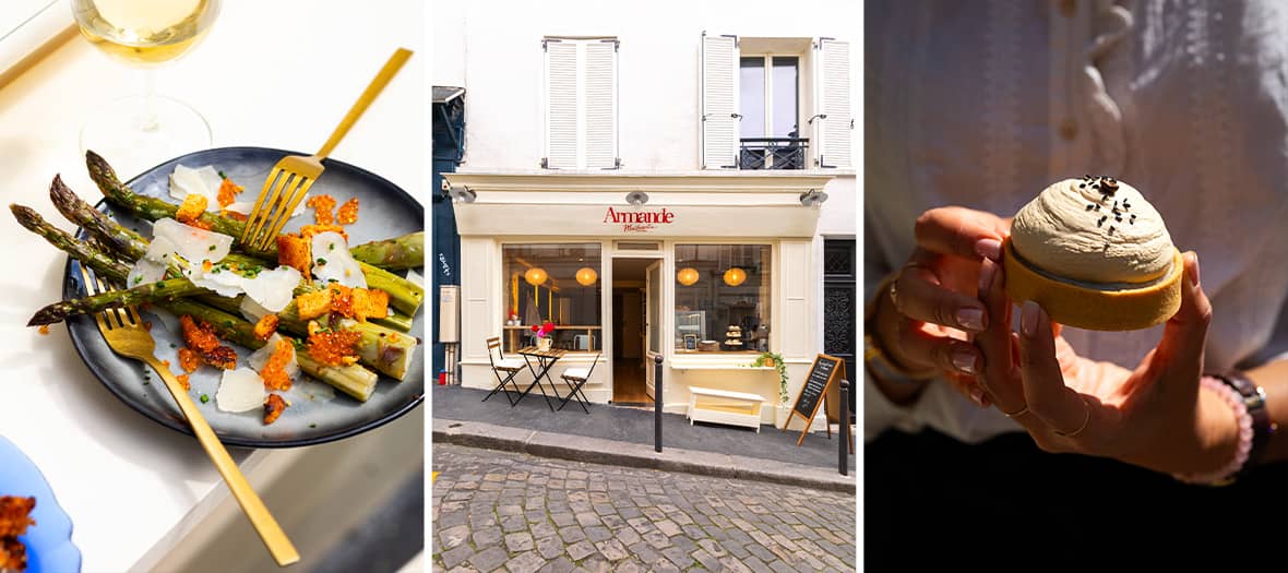 Asiette d’asperges croquantes et pâtisserie Amande à Paris, déjeuner gourmand à petit prix