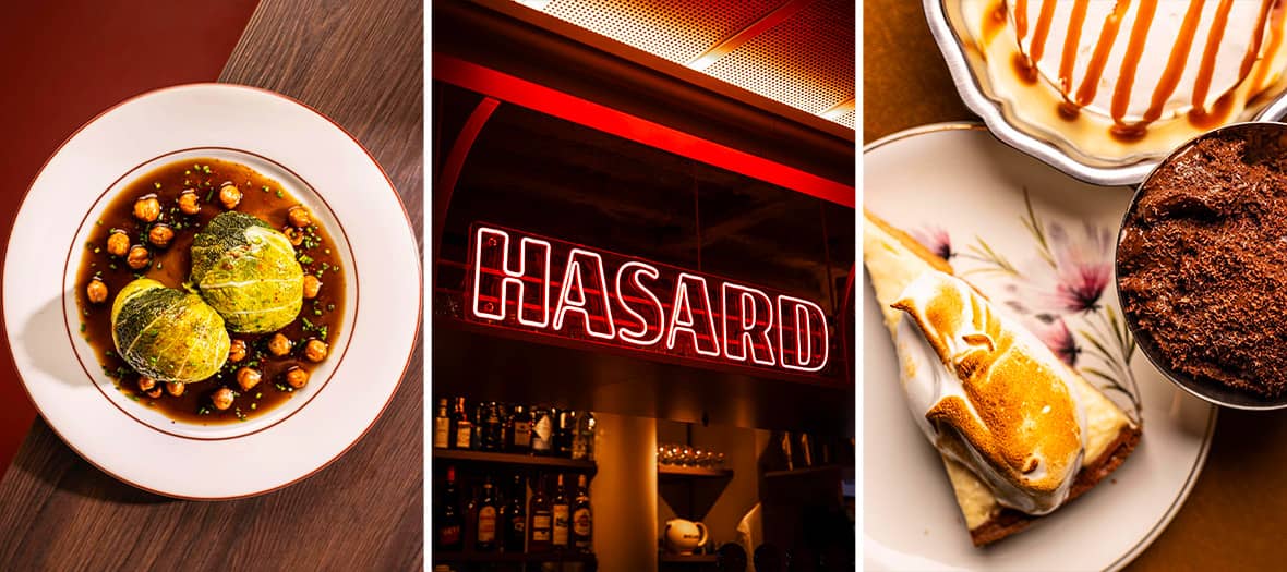 Déjeuner au Hasard Ludique à Paris : plat de chou farci, néon rouge et desserts maison abordables