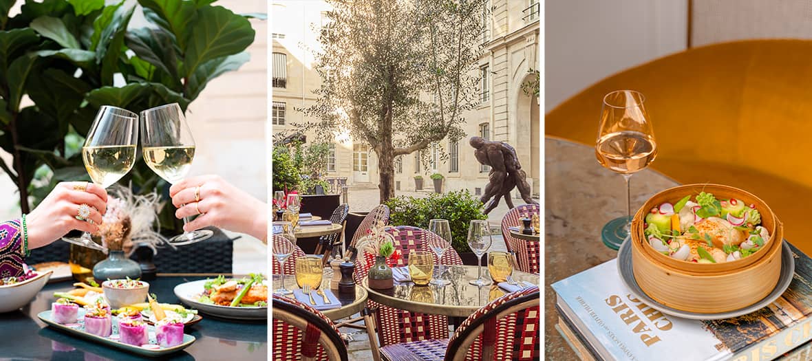 Terrasse élégante du café 52 au Grand Hôtel du Palais Royal à Paris, idéale pour un brunch au soleil.