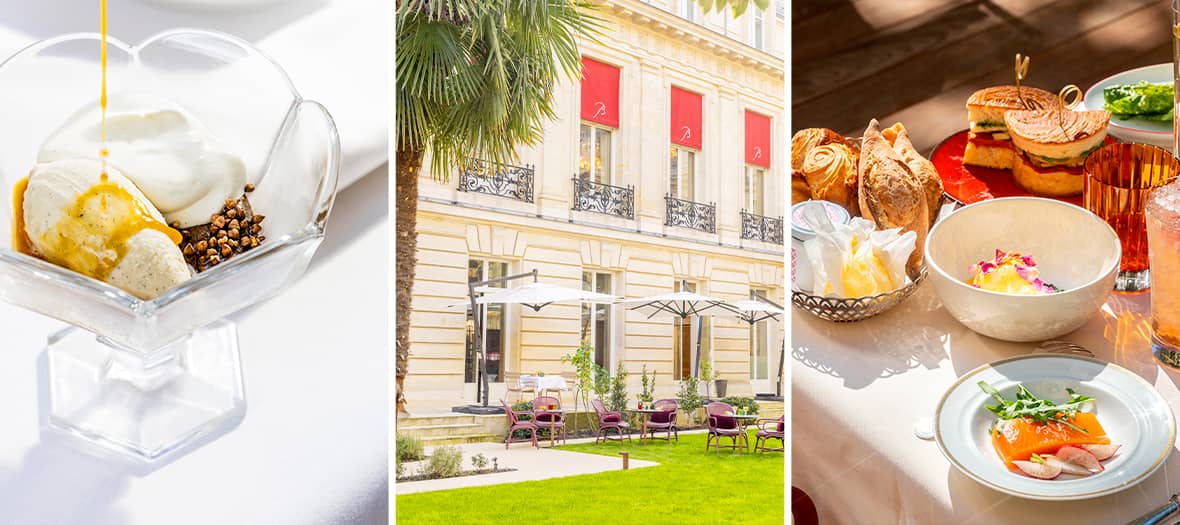 Brunch en terrasse au restaurant Ducasse sur la terrasse du Baccarat à Paris, entre jardin élégant, cuisine raffinée et lumière estivale.