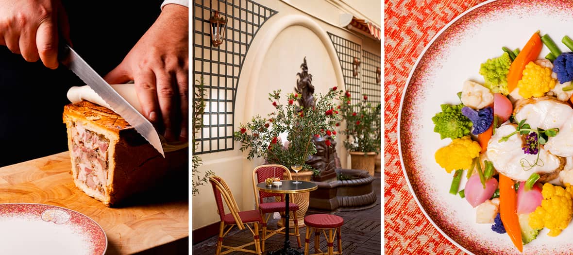 Terrasse éclectique et créative de Suzy Paris avec déco florale et carte gourmande.