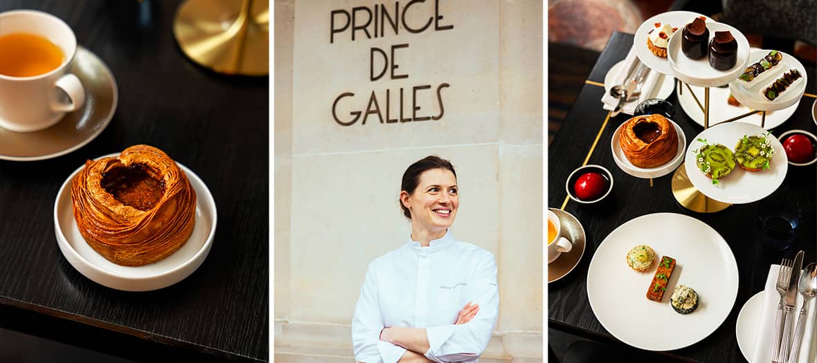 Assortiment de pâtisseries créatives et gastronomiques au Prince de Galles à Paris pour un tea time haut de gamme et portrait de la cheffe pâtissière Hélène Kerloeguen.