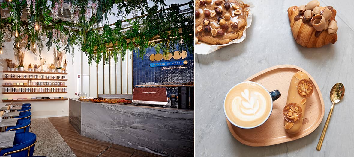 Salon de thé L’Éclair de Génie à Paris décoré de plantes suspendues et assortiments de cafés, éclairs et douceurs signées Christophe Adam.