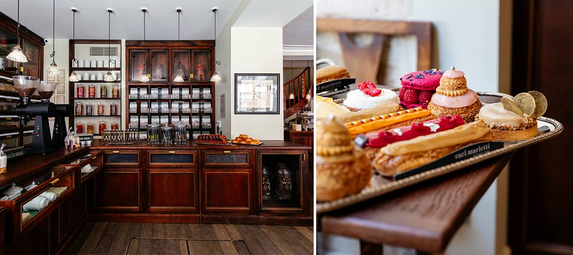 Maison Verlet à Paris, salon de thé traditionnel et pâtisseries françaises exposées sur un comptoir en bois ancien.