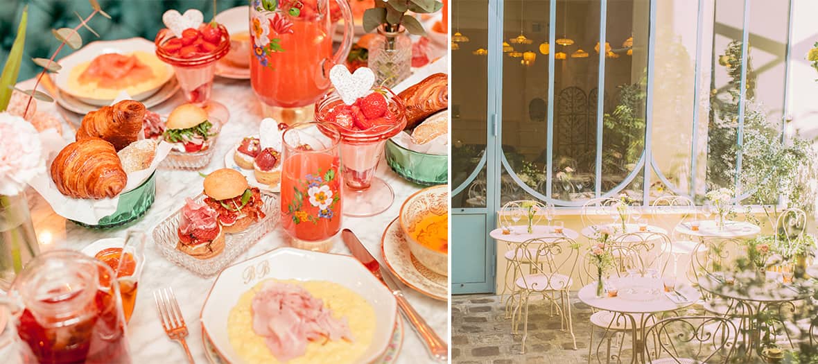 Table gourmande du salon de thé Bontemps à Paris avec croissants, pâtisseries et jus de fruits maison dans un décor pastel.